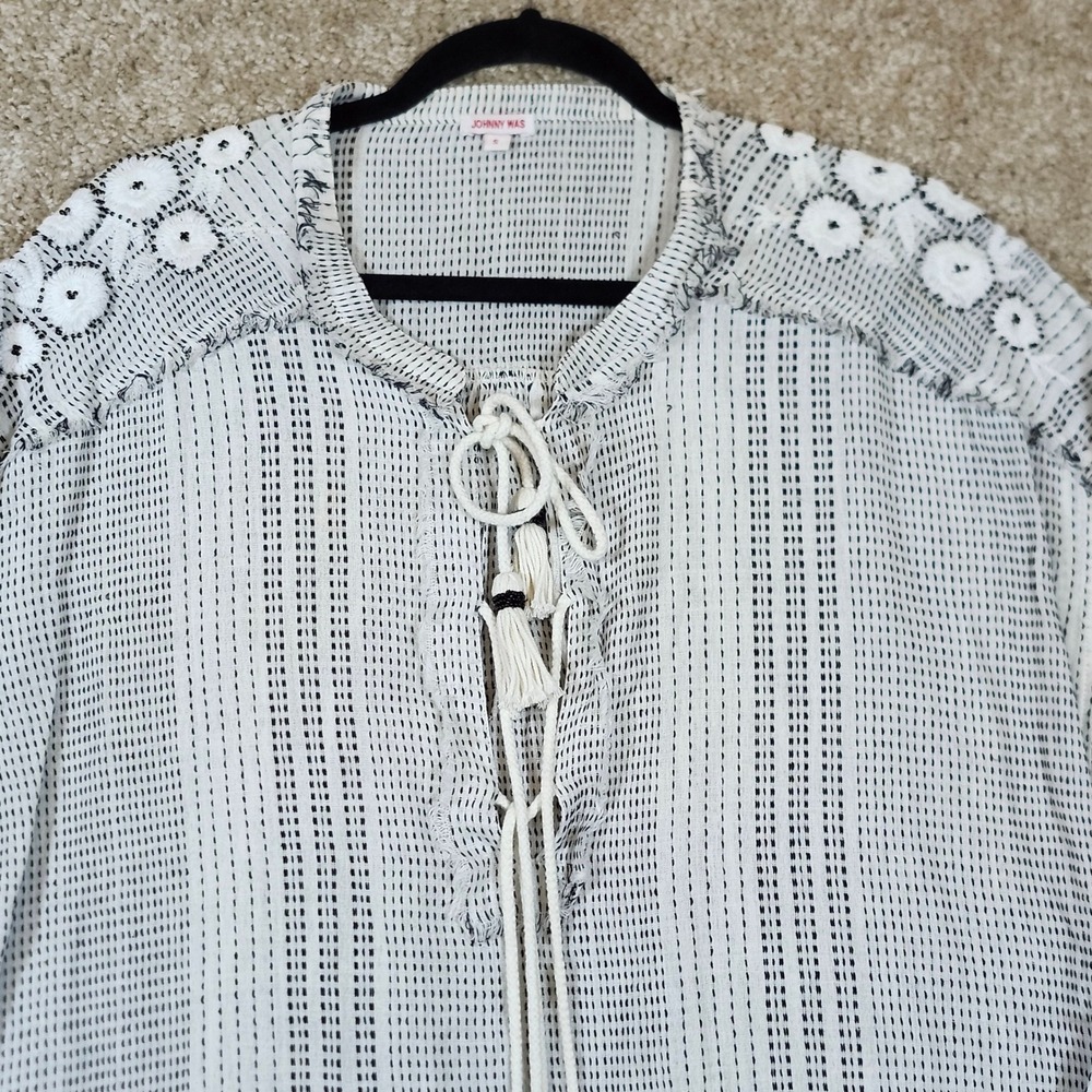 Johnny Was Tunic Top Black White Stripe Embroidered Beaded Boho Small - Picture 3 of 13
